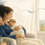 Watercolor illustration of a new mother in an armchair by a window holding a sleeping newborn, a partner's hand on her shoulder, a tangle of lines above her loosening into one calm ribbon