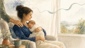 Watercolor illustration of a new mother in an armchair by a window holding a sleeping newborn, a partner's hand on her shoulder, a tangle of lines above her loosening into one calm ribbon